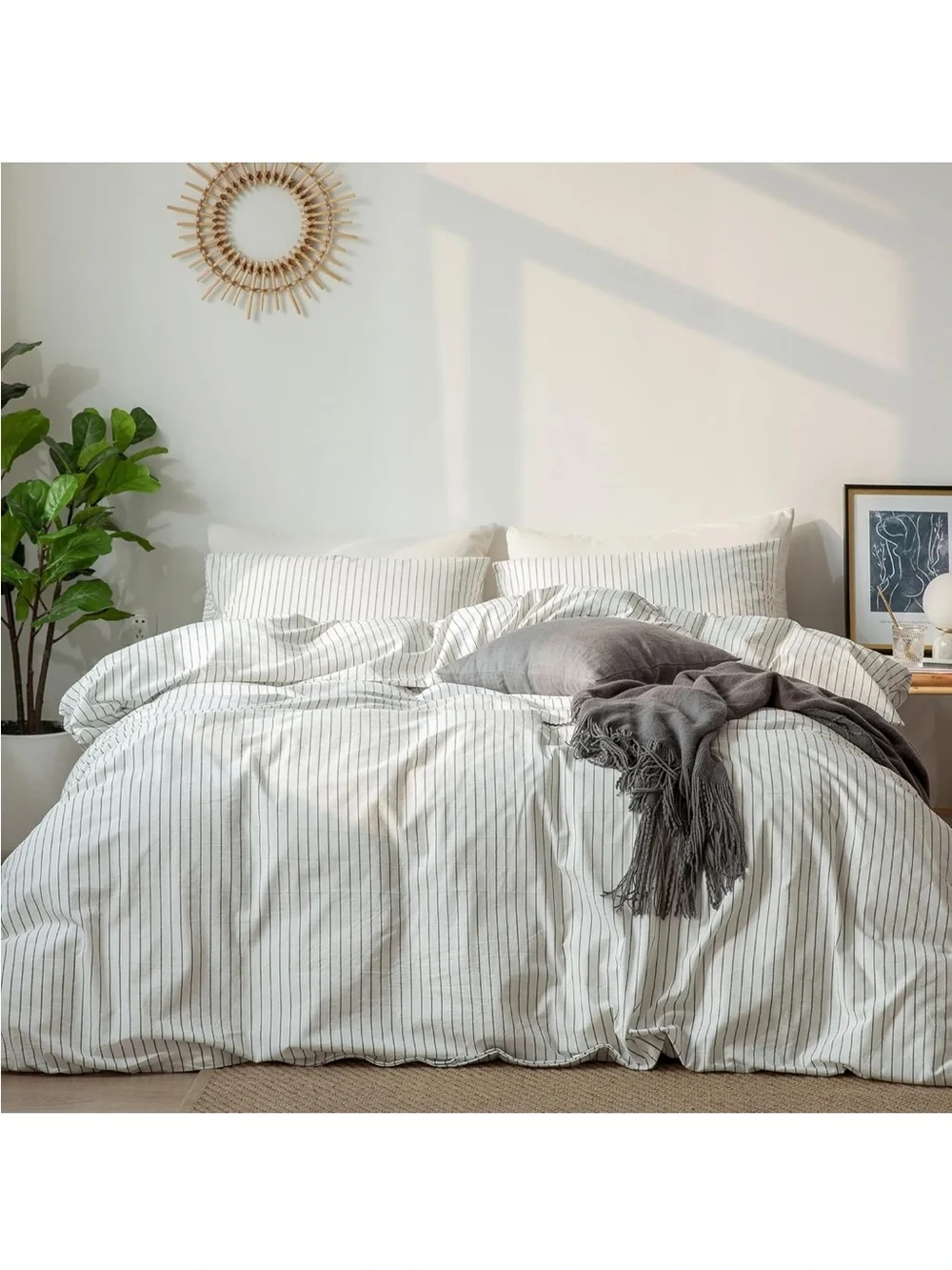 NEW MooMee Striped Duvet Cover Set 100% Washed Cotton Linen Like Texture